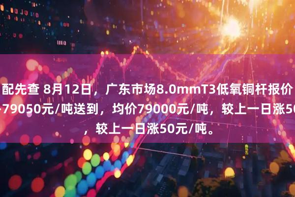 配先查 8月12日，广东市场8.0mmT3低氧铜杆报价78950-79050元/吨送到，均价79000元/吨，较上一日涨50元/吨。